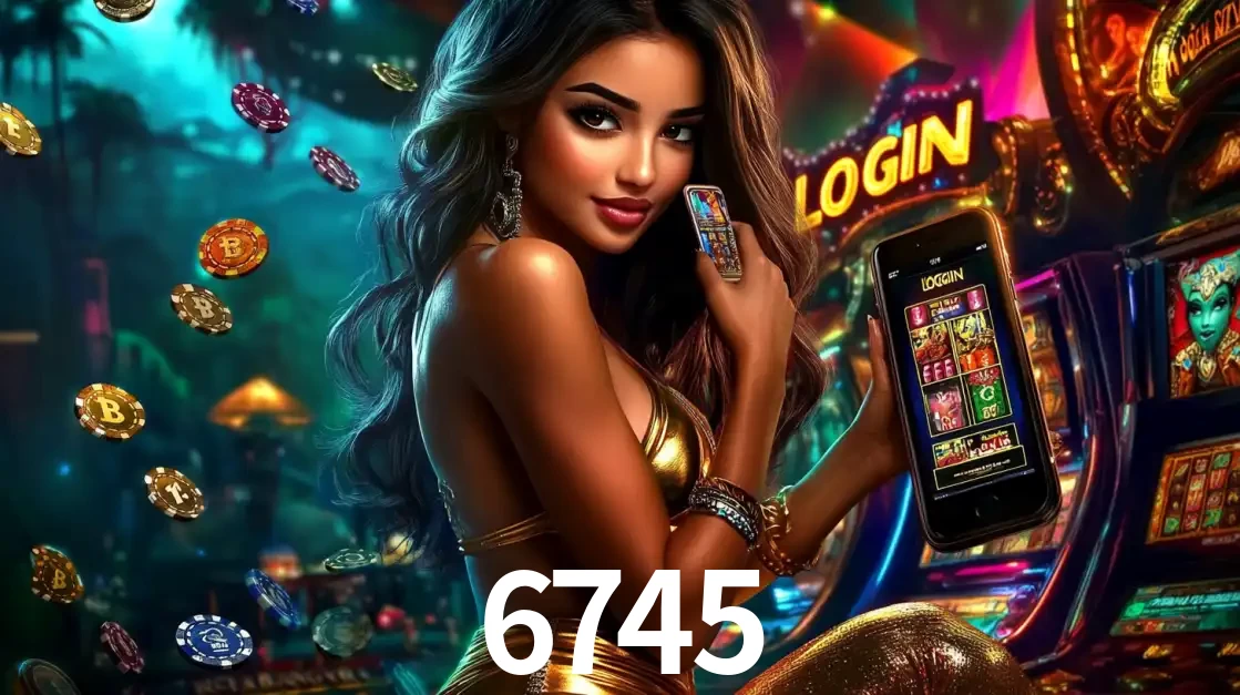 Mulher em um cenário de cassino temático de aventura, mostrando o app de caça-níqueis da 6745 no celular. Fichas de apostas flutuam ao redor.