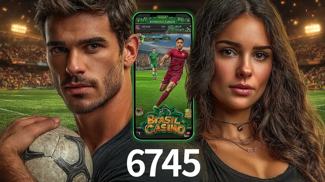 Homem segurando uma bola de futebol e uma mulher ao lado de um smartphone exibindo o jogo de apostas esportivas da 6745. Faça seu palpite no cassino online.